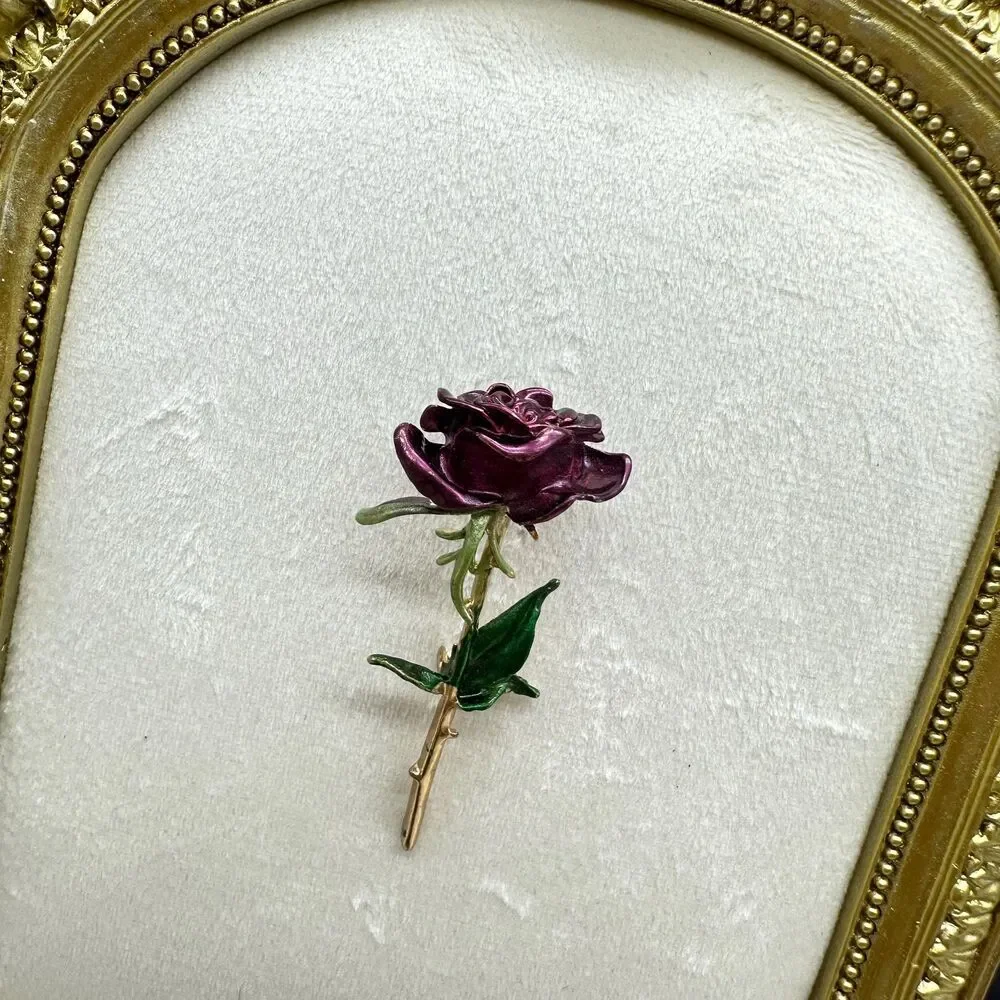Purple Single Stem Rose Flower Brooch Lapel Royalty Enchantment Enchanted Era - Picture 1 of 5